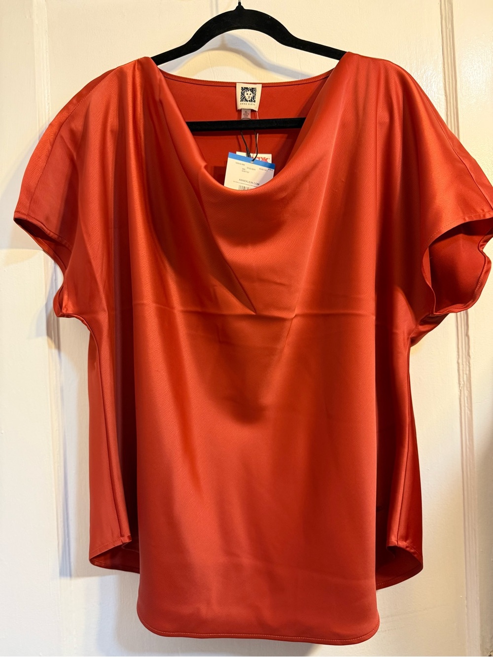 Anne Klein Rust Satin Draped-Neck Short Sleeve Blouse